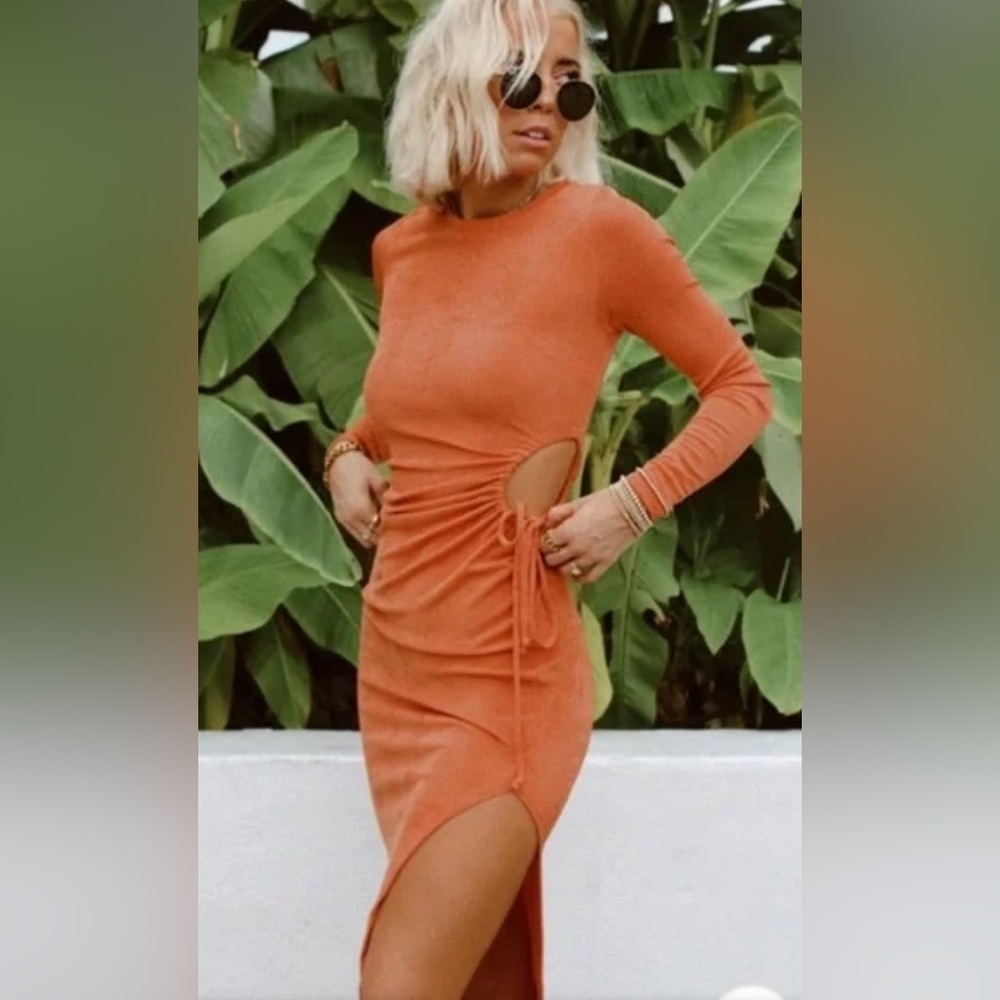 12th Tribe Shimmery Orange Aftergold Side Cutout Long Sleeve Midi Dress Medium
